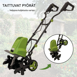 Sähköinen puutarhajyrsin 1500 W, 24 teräksistä terää, 45 cm työleveys, 22 cm työsyvyys