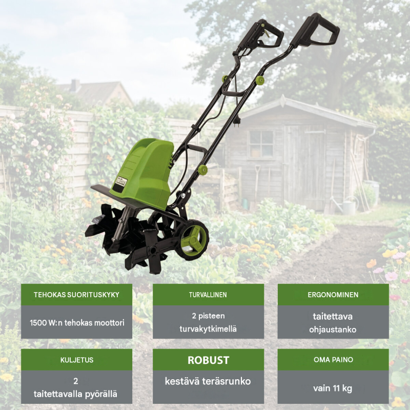 Sähköinen puutarhajyrsin 1500 W, 24 teräksistä terää, 45 cm työleveys, 22 cm työsyvyys