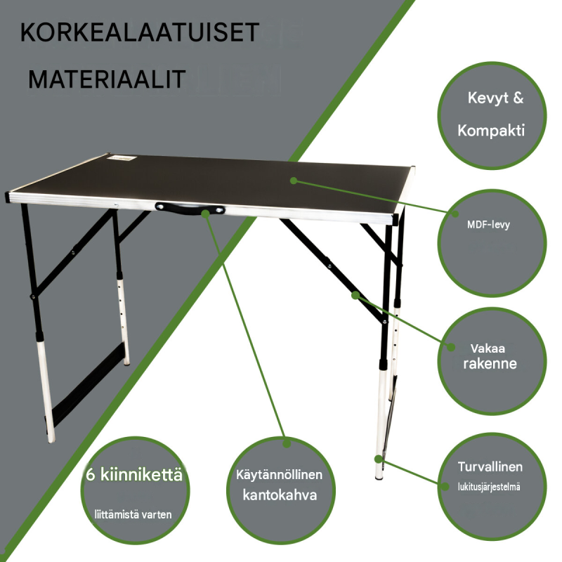Monikäyttöinen pöytäsetti 3 kpl, 100 x 60 cm, korkeussäädettävä 75–90 cm, 90 kg