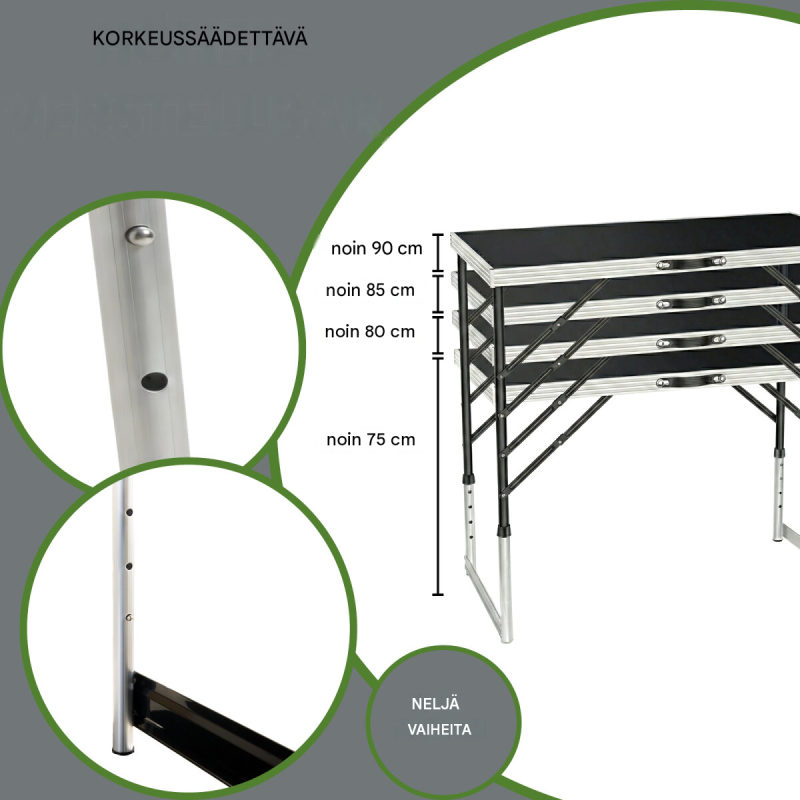 Monikäyttöinen pöytäsetti 3 kpl, 100 x 60 cm, korkeussäädettävä 75–90 cm, 90 kg