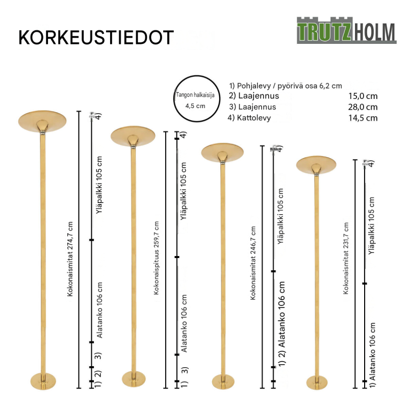 Pole dance -tanko, staattinen ja pyörivä, 2310–2740 mm, Ø 45 mm