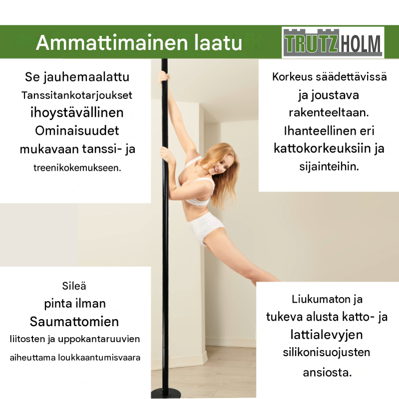 Pole dance -tanko, musta, 231–274 cm, Ø 45 mm, staattinen ja pyörivä
