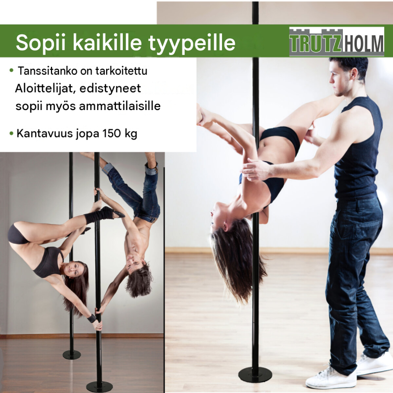 Pole dance -tanko, musta, 231–274 cm, Ø 45 mm, staattinen ja pyörivä