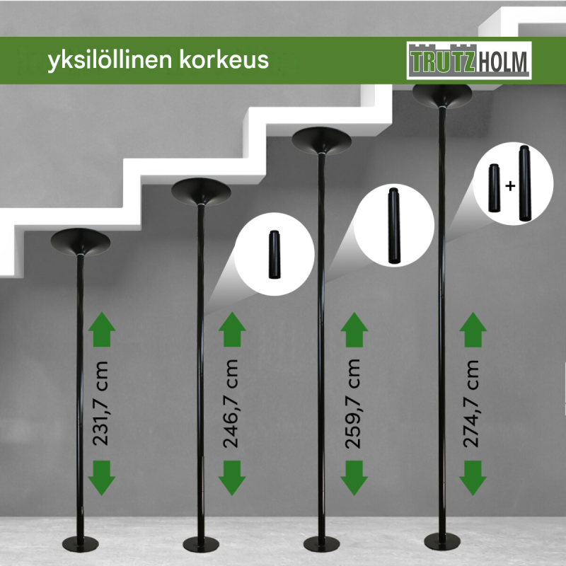 Pole dance -tanko, musta, 231–274 cm, Ø 45 mm, staattinen ja pyörivä