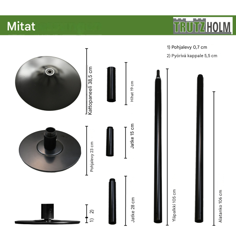 Pole dance -tanko, musta, 231–274 cm, Ø 45 mm, staattinen ja pyörivä