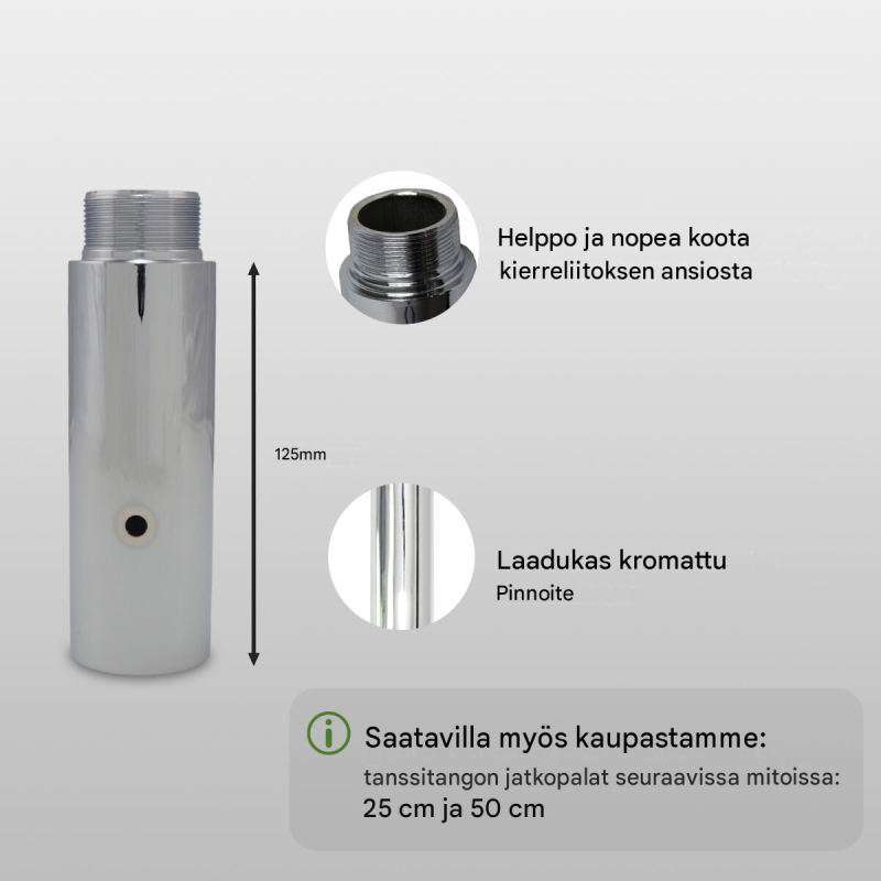 Tanssitangon jatkokappale 45 mm, kromattu, 125-500mm, Profi-tanssitankoihin