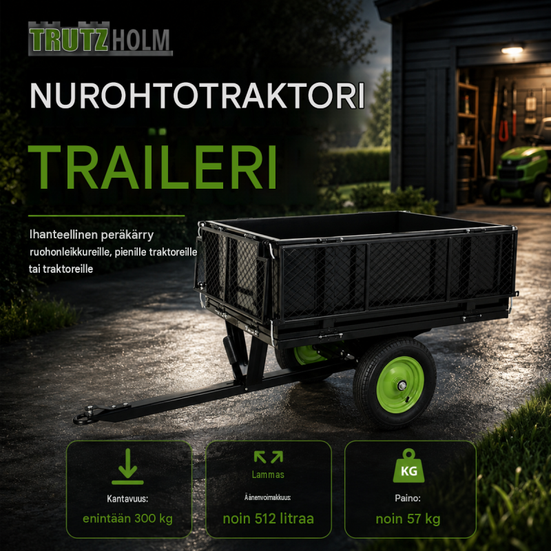 Puutarhatraktorin peräkärry 300 kg, kaatava, 512 l, teräs, musta