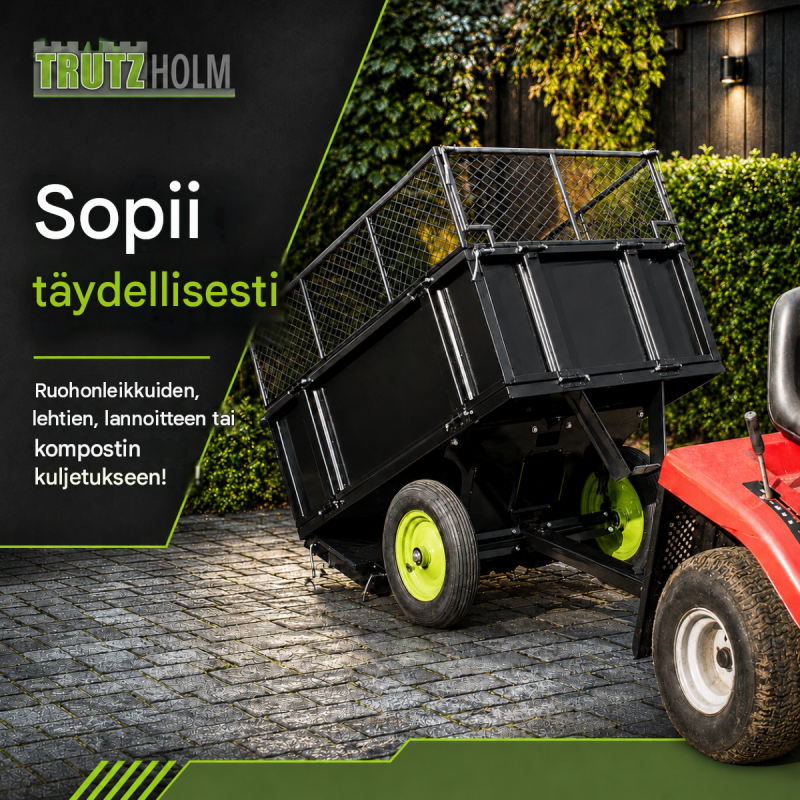 Puutarhatraktorin peräkärry 300 kg, kaatava, 512 l, teräs, musta