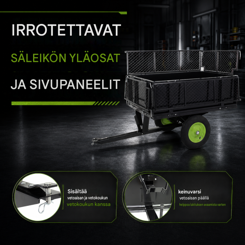 Puutarhatraktorin peräkärry 300 kg, kaatava, 512 l, teräs, musta