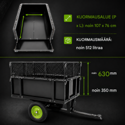 Puutarhatraktorin peräkärry 300 kg, kaatava, 512 l, teräs, musta