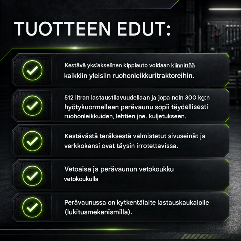 Puutarhatraktorin peräkärry 300 kg, kaatava, 512 l, teräs, musta