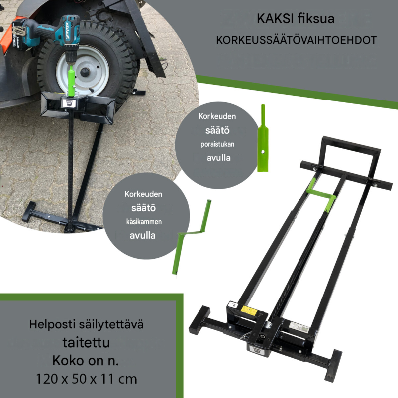 Ruohonleikkurinostin 400 kg, kokoontaittuva, akkuruuvinväänninadapteri, 11–78 cm kahdella käyttötavalla