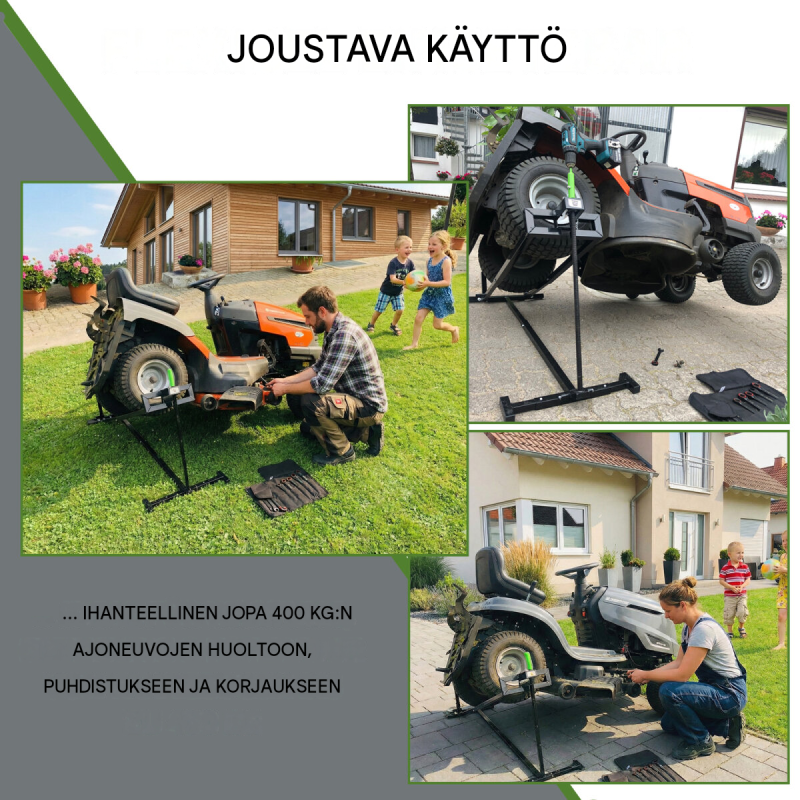 Ruohonleikkurinostin 400 kg, kokoontaittuva, akkuruuvinväänninadapteri, 11–78 cm kahdella käyttötavalla