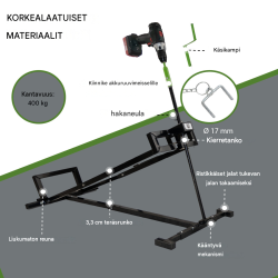 Ruohonleikkurinostin 400 kg, kokoontaittuva, akkuruuvinväänninadapteri, 11–78 cm kahdella käyttötavalla