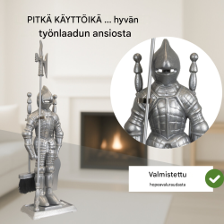 Hopeanvärinen valurautainen takkasetti 4 osaa, ritariteline, lapio, harja ja 2 hiilihankoa, 21 × 12 × 72 cm