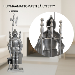 Hopeanvärinen valurautainen takkasetti 4 osaa, ritariteline, lapio, harja ja 2 hiilihankoa, 21 × 12 × 72 cm
