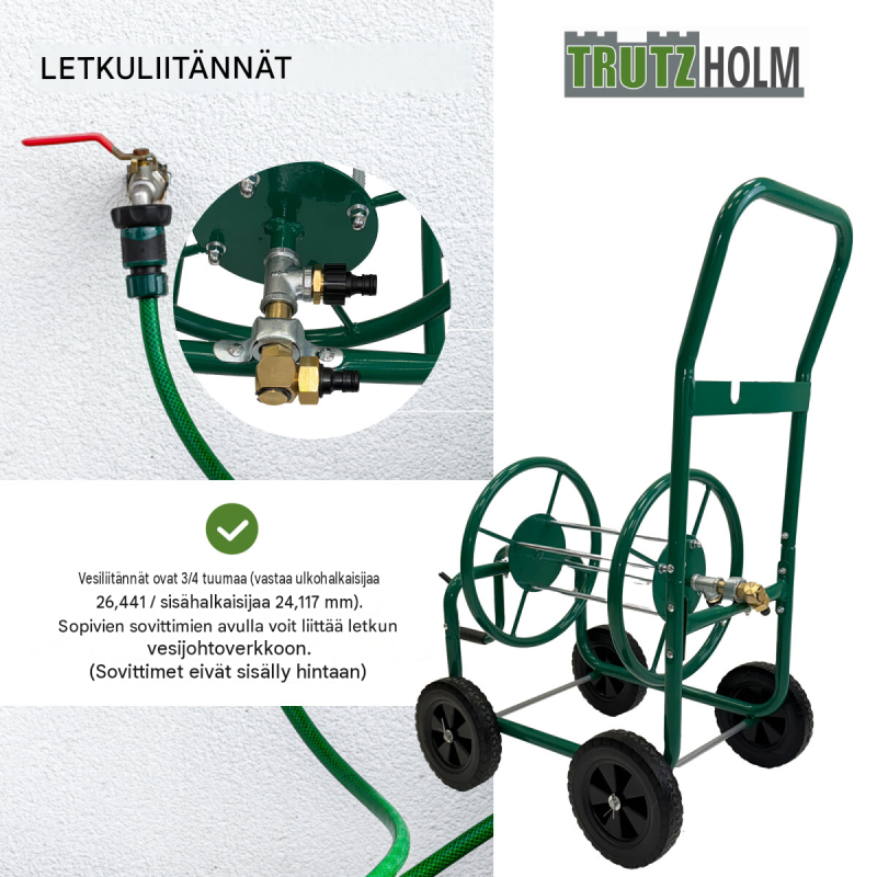 Letkukärry Basic 4 pyörää, 50 m 3/4 tuuman puutarhaletkulle, vihreä, teräs