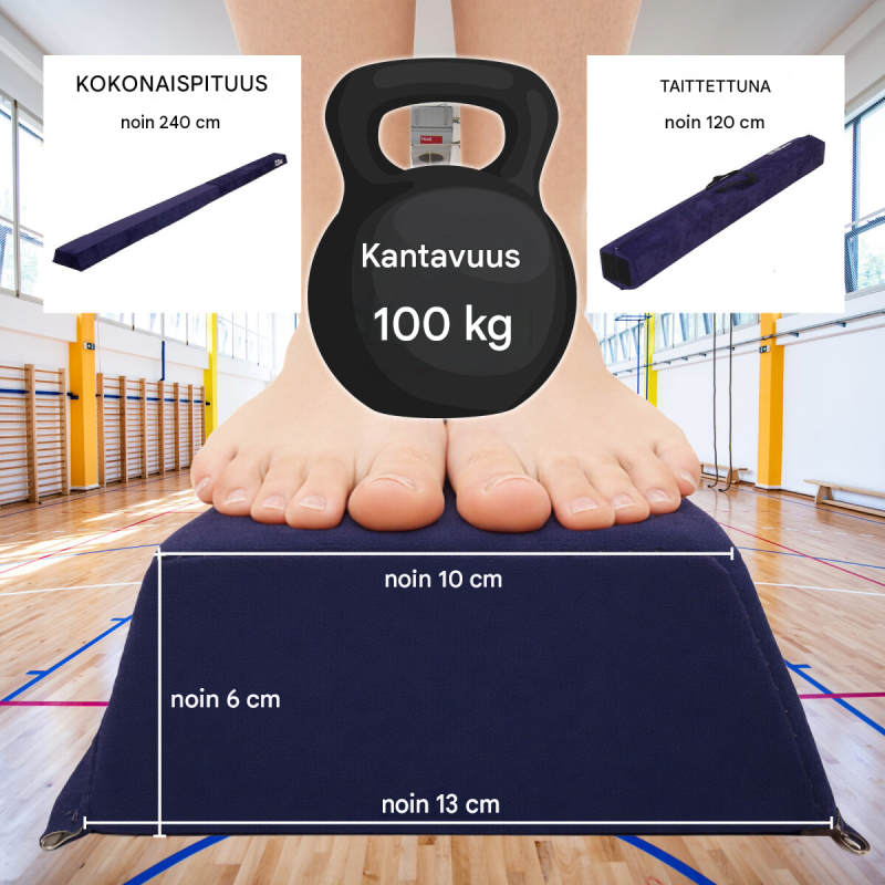 Taitettava voimistelupuomi 240 cm, sininen, EVA, säilytyslaukku, enimmäiskuormitus 100 kg