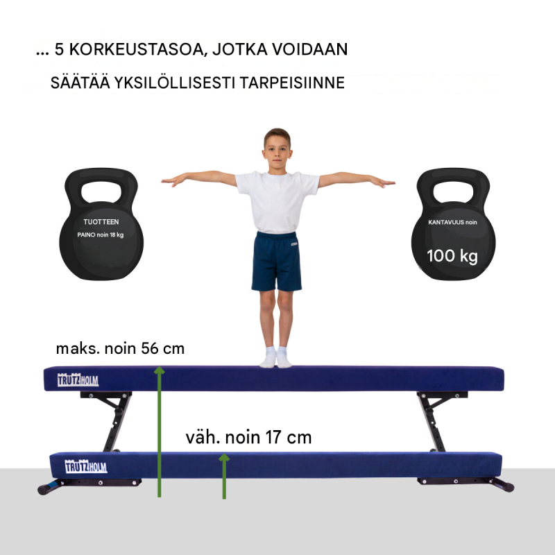 Säädettävä voimistelupuomi 244 cm, 5 korkeutta, EVA, enintään 100 kg