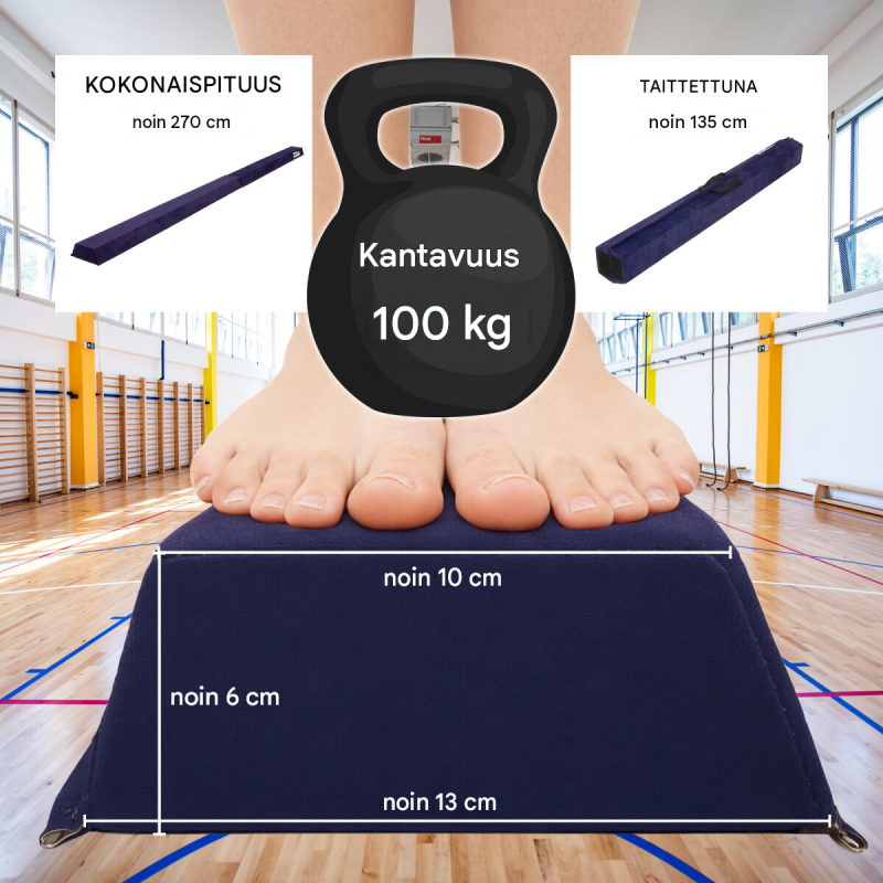 Taitettava voimistelupuomi 270 cm, sininen, EVA, max. 100 kg, säilytyslaukku