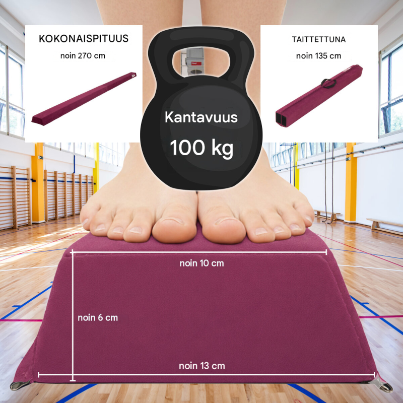 Taitettava voimistelupuomi 270 cm, lila, EVA, kantavuus 100 kg, säilytyslaukku