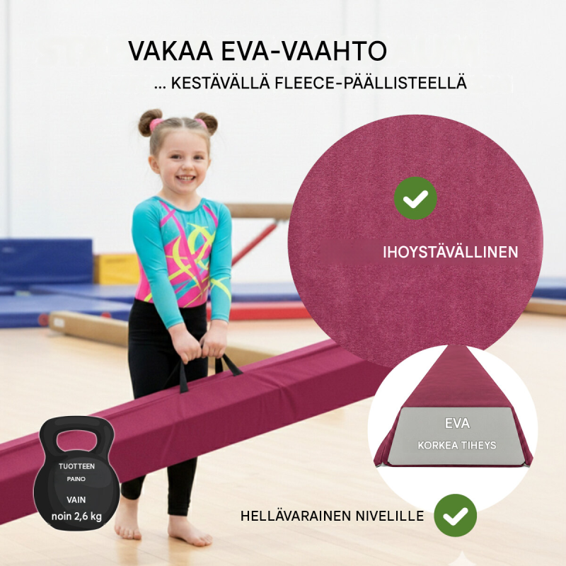 Taitettava voimistelupuomi 270 cm, lila, EVA, kantavuus 100 kg, säilytyslaukku