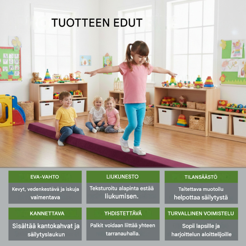 Taitettava voimistelupuomi 270 cm, lila, EVA, kantavuus 100 kg, säilytyslaukku