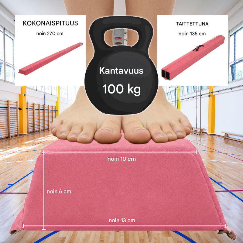 Taitettava tasapainopalkki 270 cm, pink, EVA, max. 100 kg, säilytyslaukku