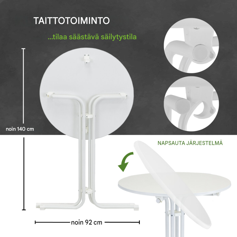 Kokoontaitettava baaripöytä 80 cm, valkoinen, beige pöytähuppu