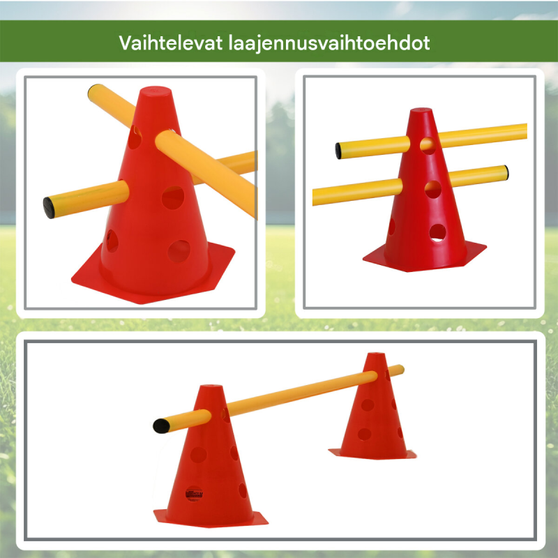 Agilityeste-setti 15-osainen, punainen ja keltainen, säädettävä 6,5–19,5 cm, 9542