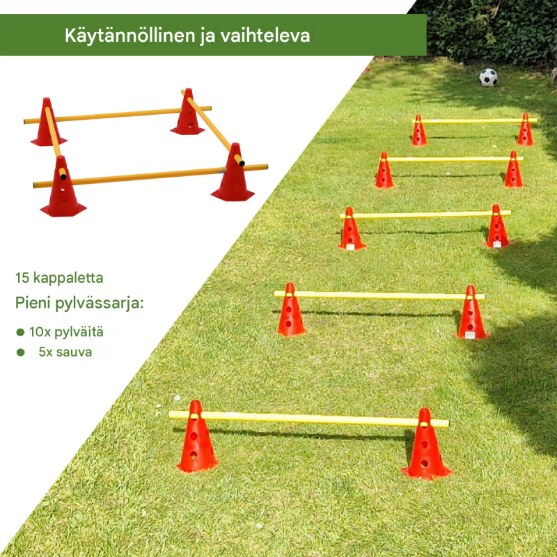 Agilityeste-setti 15-osainen, punainen ja keltainen, säädettävä 6,5–19,5 cm, 9542