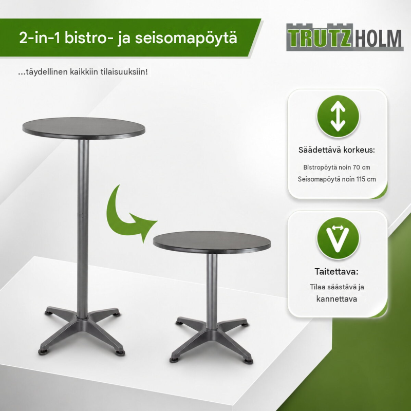 2-in-1-bistro- ja seisomapöytä, taittuva, säädettävä 70/115 cm, anthrazit, Ø 60 cm