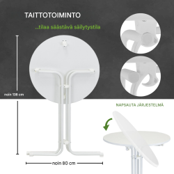 Kokoontaitettava seisomapöytä Ø 70 cm, valkoinen, teräs ja MDF, korkeus 110 cm