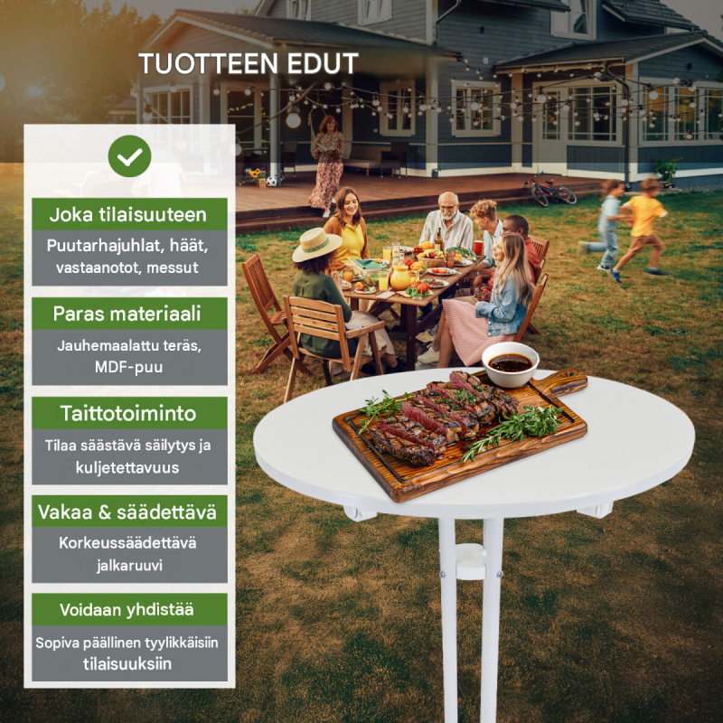 Kokoontaitettava seisomapöytä Ø 70 cm, valkoinen, teräs ja MDF, korkeus 110 cm
