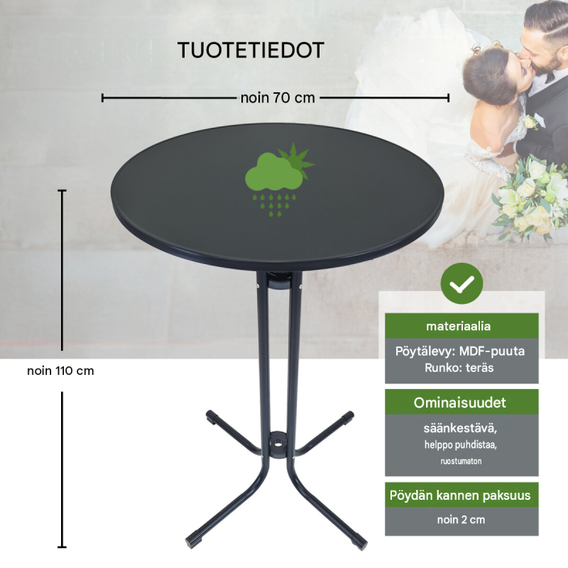 Taittuva baaripöytä Ø 70 cm, 110 cm, teräs, MDF, antrasiitti