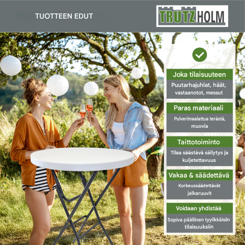 Kokoontaitettava seisomapöytä Ø 80 cm, valkoinen, 110 cm, pulverimaalattu teräsrunko