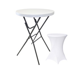 Kokoontaitettava seisomapöytä pöytäliinalla valkoinen halkaisija 80 cm korkeus 110 cm