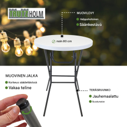 Kokoontaitettava seisomapöytä pöytäliinalla, valkoinen, halkaisija 80 cm, korkeus 110 cm