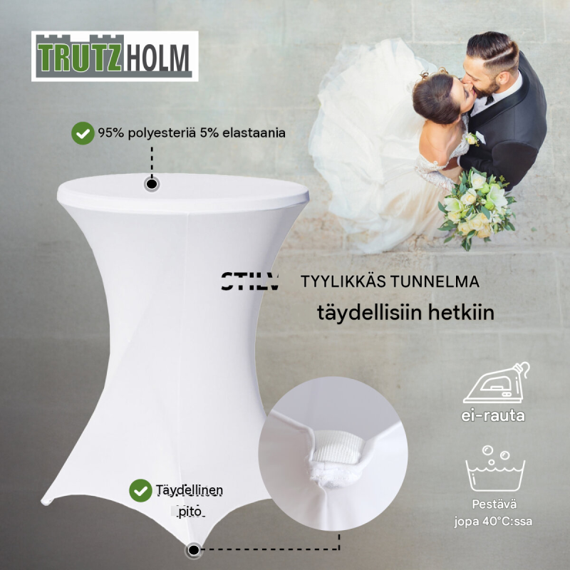 Kokoontaitettava seisomapöytä pöytäliinalla, valkoinen, halkaisija 80 cm, korkeus 110 cm