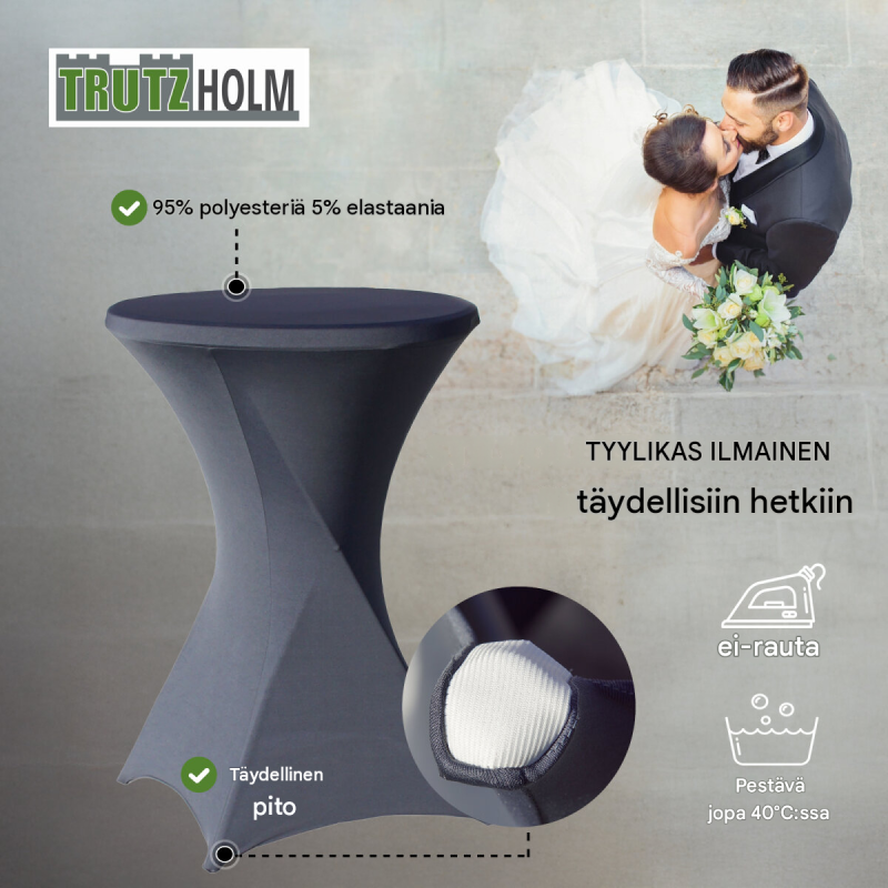 Kokoontaitettava seisomapöytä Ø 80 cm, valkoinen, antrasiitinharmaa pöytäliina