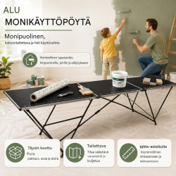 Kokoontaitettava tapetointipöytä 300 x 60 cm, alumiinikehys, mitta-asteikko, musta
