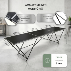 Kokoontaitettava tapetointipöytä 300 x 60 cm, alumiinikehys, mitta-asteikko, musta