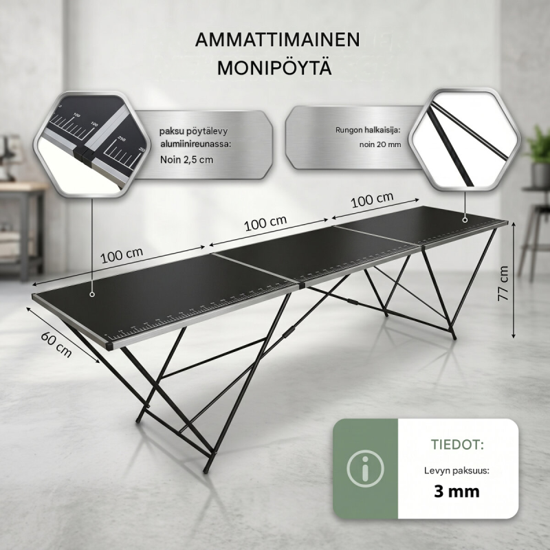 Kokoontaitettava tapetointipöytä 300 x 60 cm, alumiinikehys, mitta-asteikko, musta