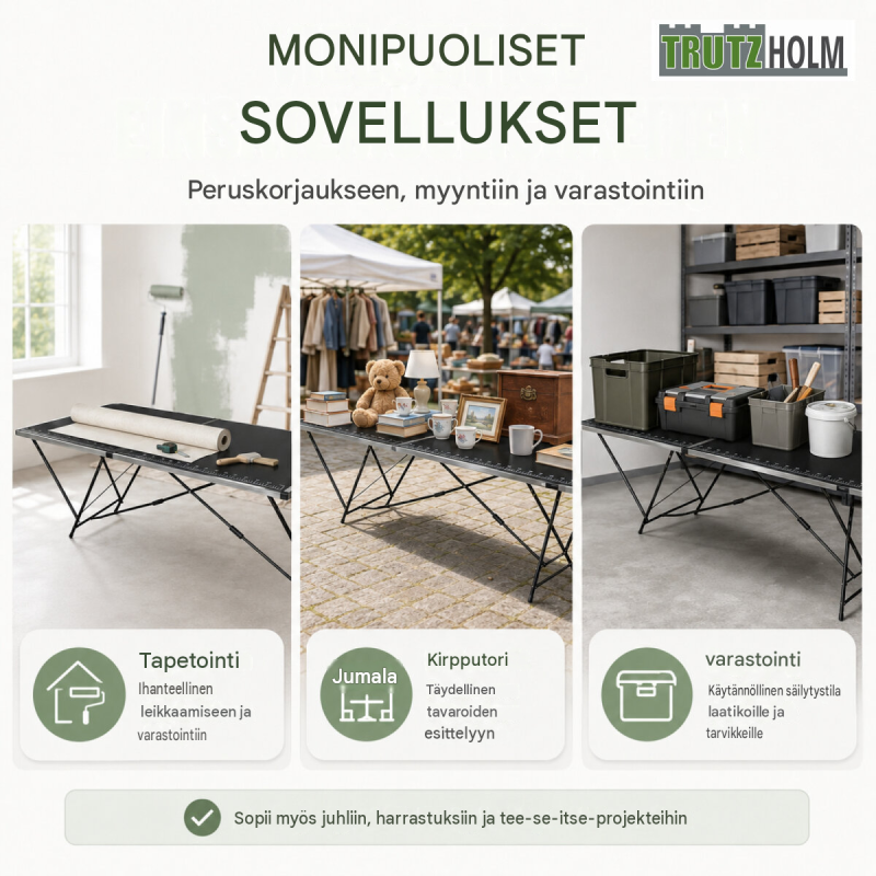 Kokoontaitettava tapetointipöytä 300 x 60 cm, alumiinikehys, mitta-asteikko, musta
