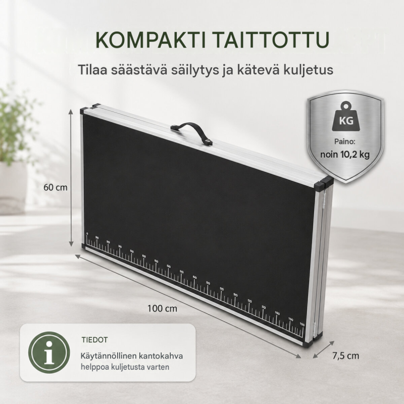 Kokoontaitettava tapetointipöytä 300 x 60 cm, alumiinikehys, mitta-asteikko, musta