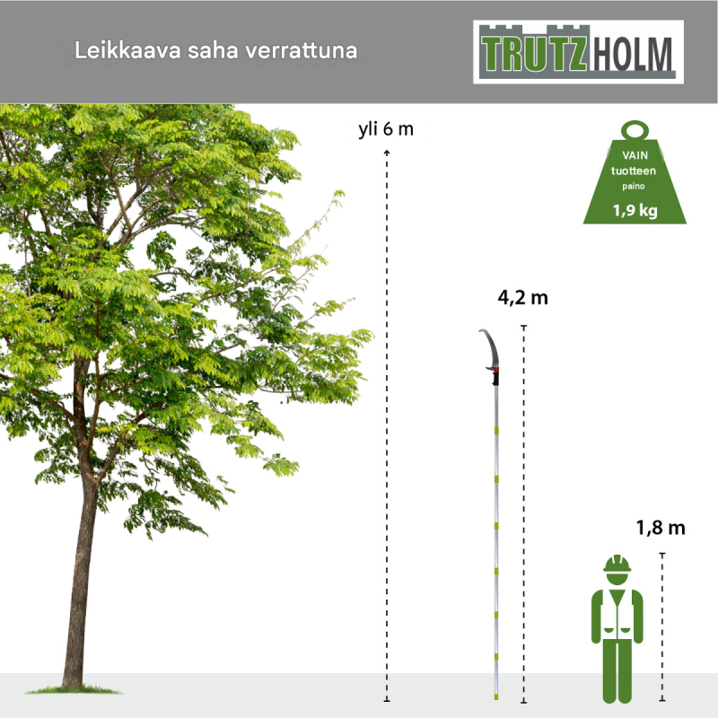 Teleskooppivarsisaha 6,3 m työskentelykorkeudella, 4,2 m alumiinivarsi, 43 cm terä