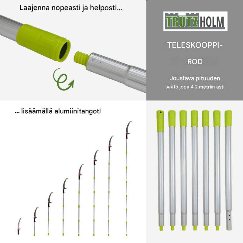 Teleskooppivarsisaha 6,3 m työskentelykorkeudella, 4,2 m alumiinivarsi, 43 cm terä