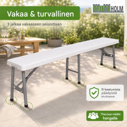 Kokoontaitettava juhlapenkki 4 henkilölle, 180 x 30 x 43 cm, valkoinen, teräs ja HDPE