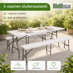 Taitettava juhlakalustesetti 3-osainen, valkoinen, pöytä ja 2 penkkiä 180 cm, teräs ja HDPE
