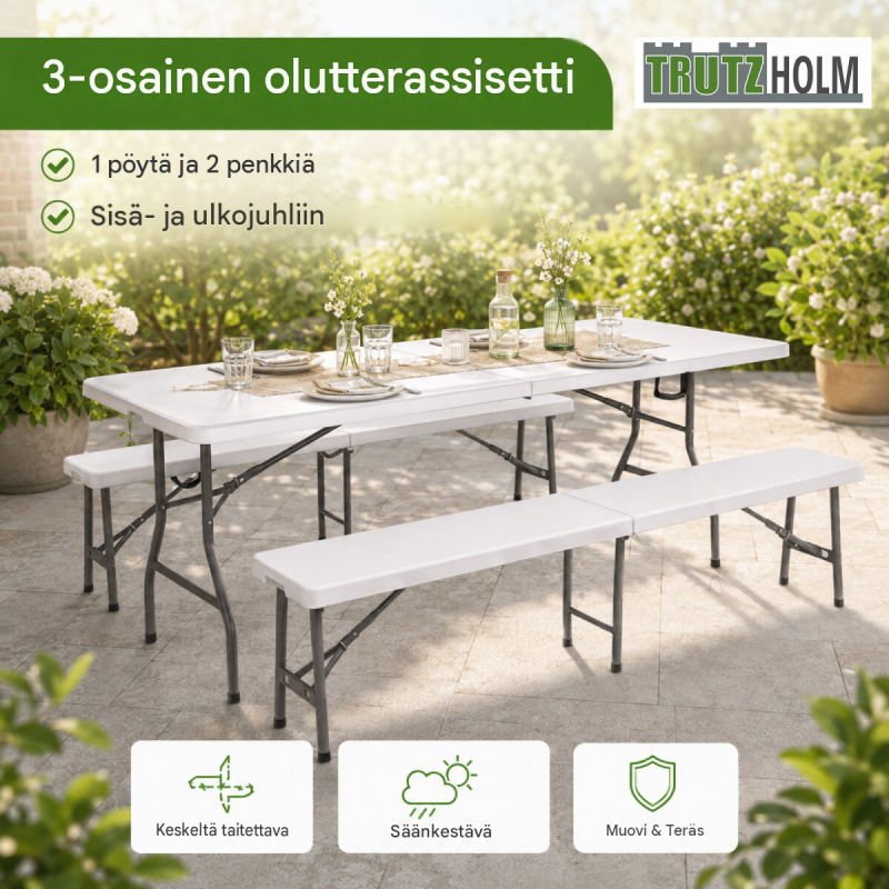 Taitettava juhlakalustesetti 3-osainen, valkoinen, pöytä ja 2 penkkiä 180 cm, teräs ja HDPE